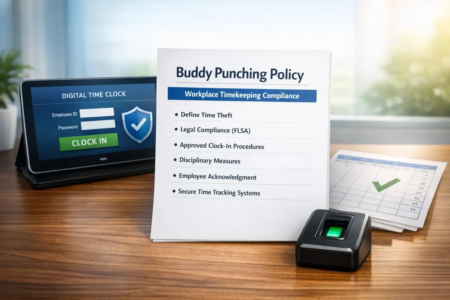 Desk with Buddy Punching Policy, time clock, and fingerprint scanner
